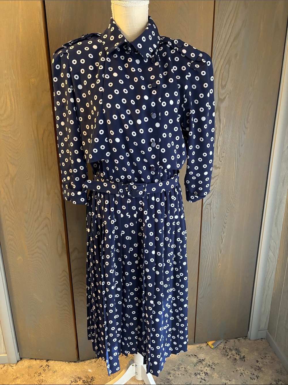 Vintage 80s Liz Robert’s Petites Navy Blue Patterned Dress Shoulder Pads Belted